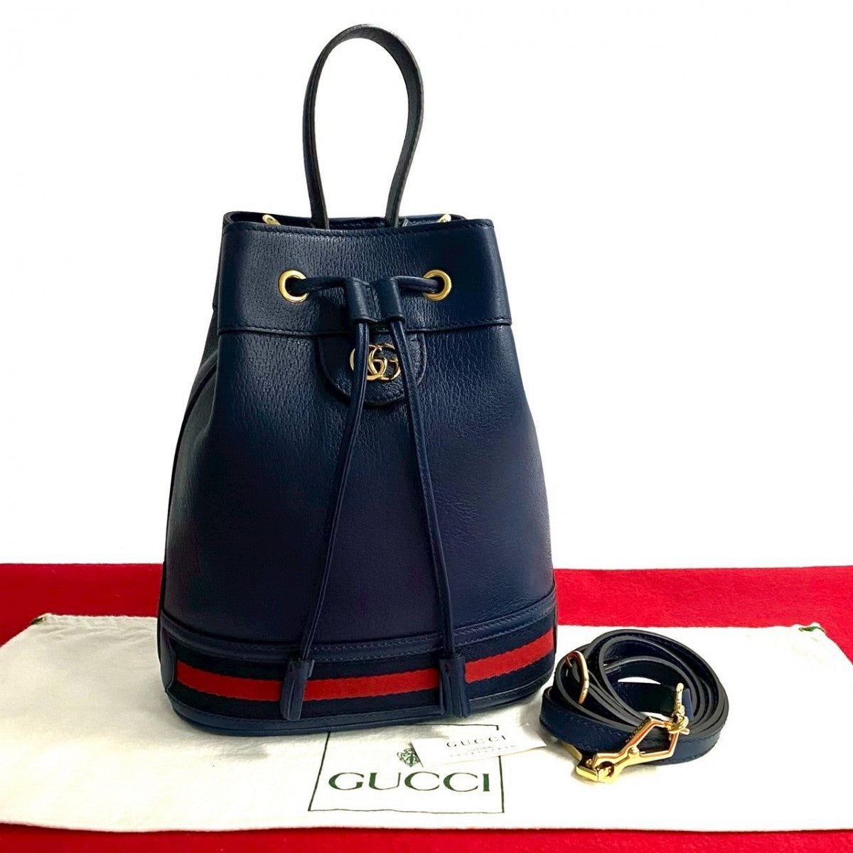 GUCCI Shoulder Bag leather Navy GG logo Off Deer Small Bucket Bag Women
