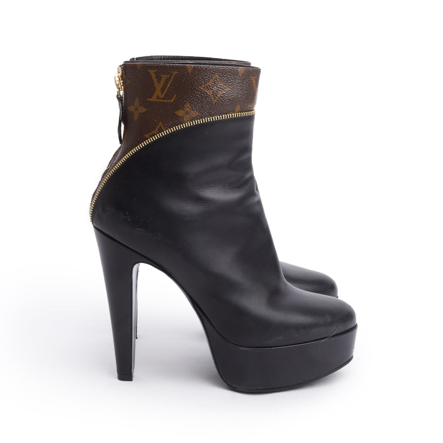Louis Vuitton 2022 Black Leather Monogram Afterglow Platform Ankle Boots, Size 38