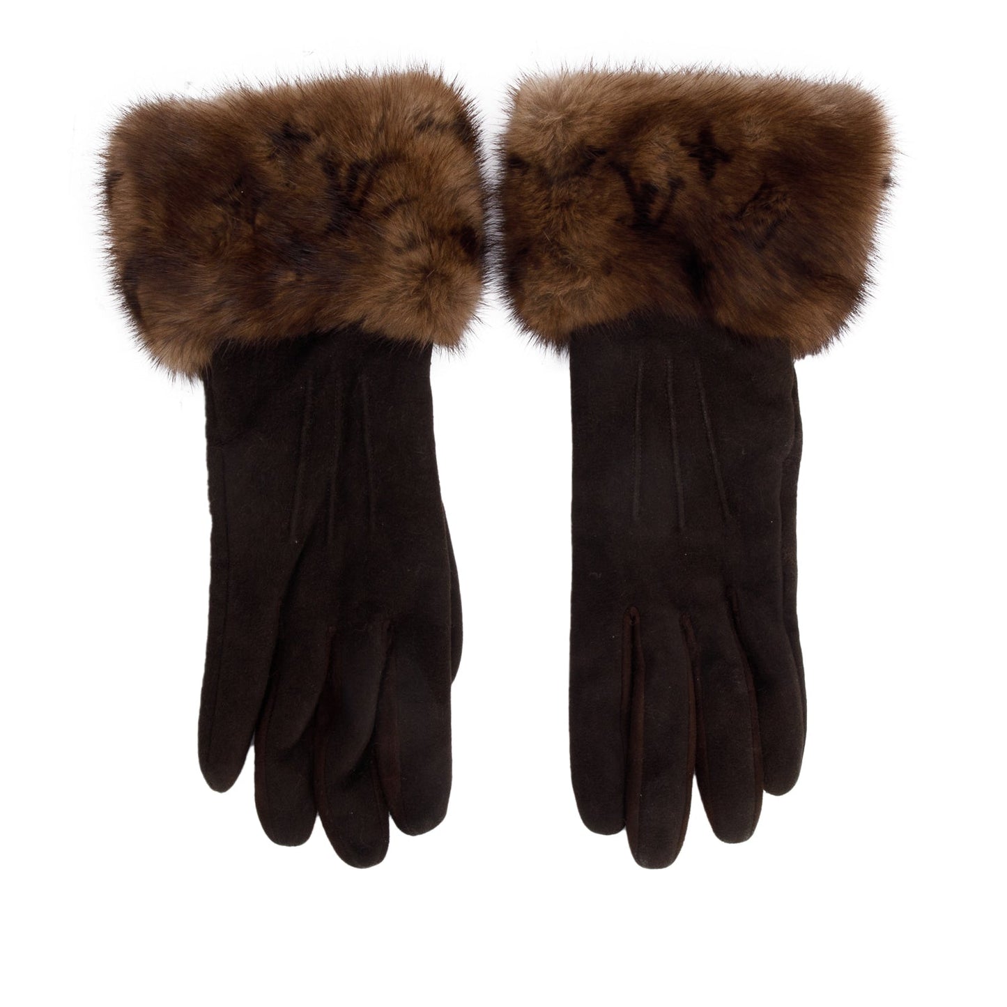 Louis Vuitton Brown Suede Monogram Cuffs Mink Gloves