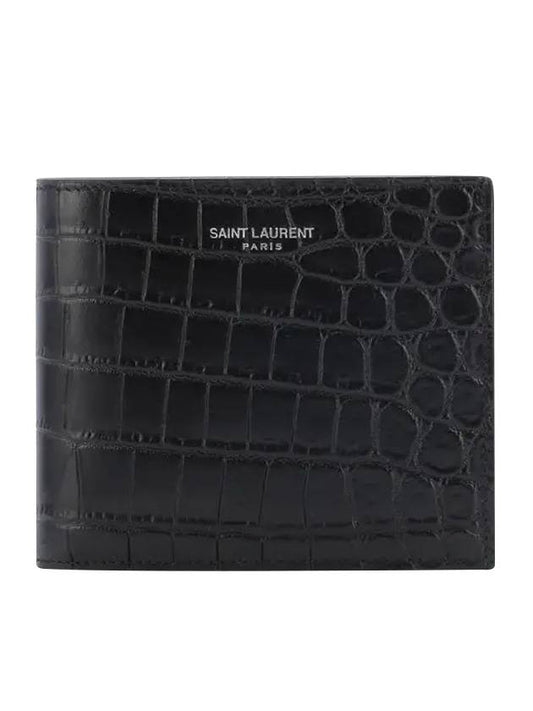 Luxury Saint Laurent Trending 2025 Crocodile Pattern Half Wallet Black