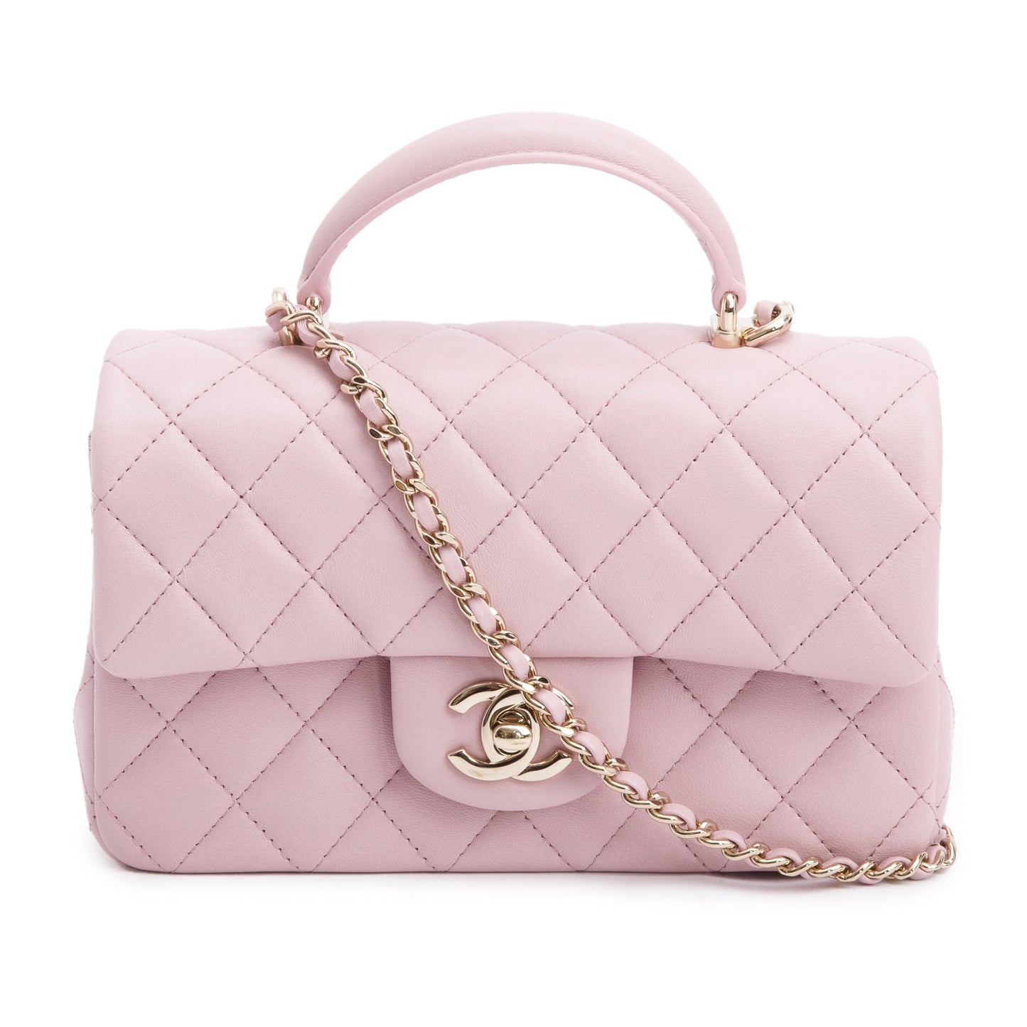 Chanel 2024 Pink Quilted Lambskin Leather Mini Top Handle Rectangular Flap Bag