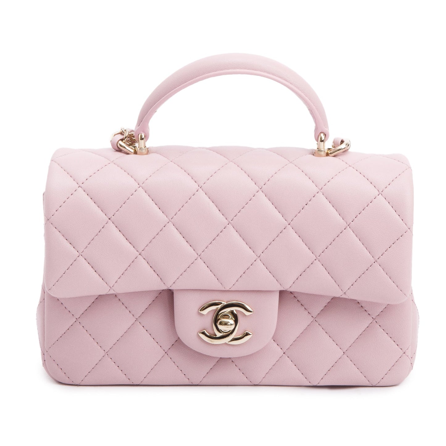 Chanel 2024 Pink Quilted Lambskin Leather Mini Top Handle Rectangular Flap Bag