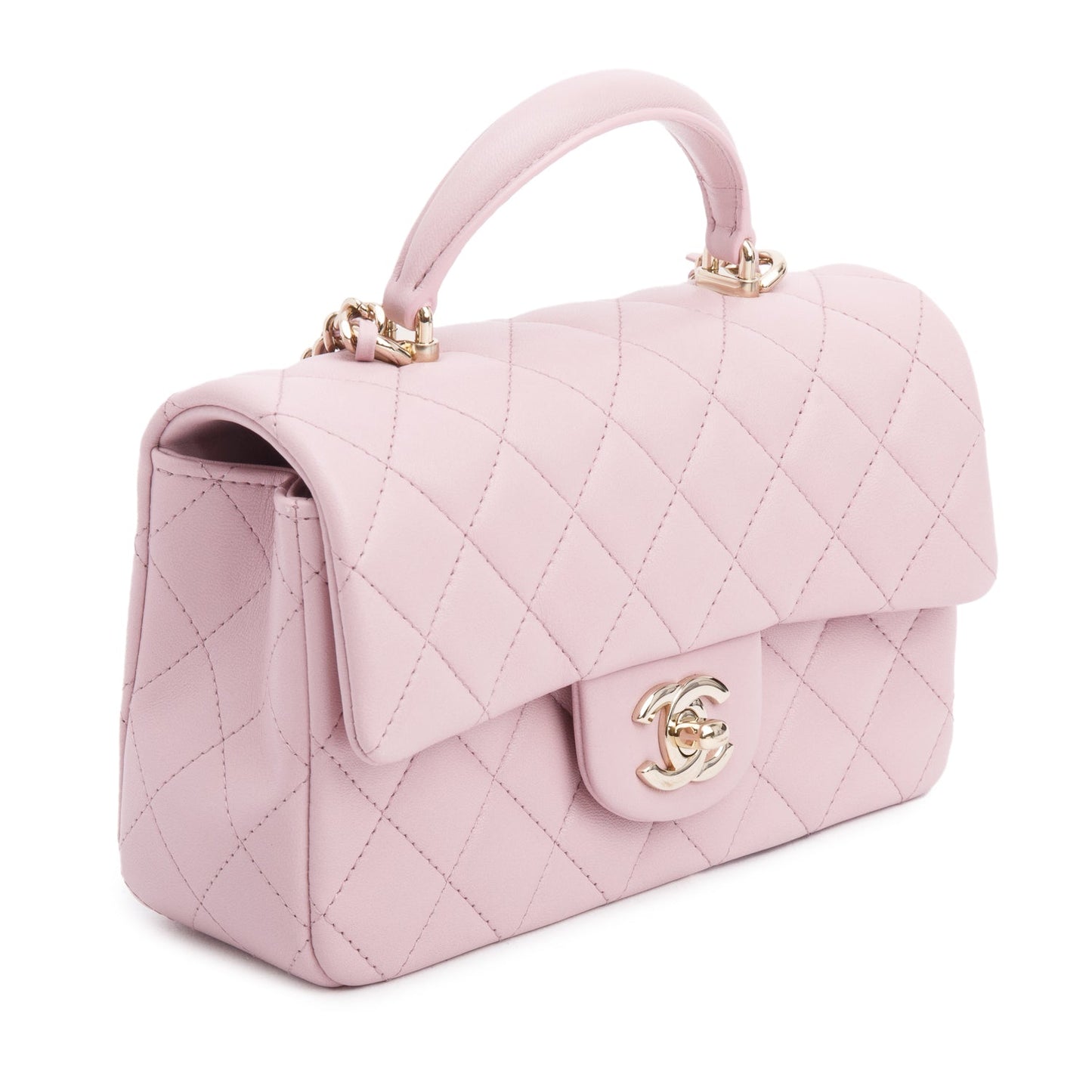 Chanel 2024 Pink Quilted Lambskin Leather Mini Top Handle Rectangular Flap Bag