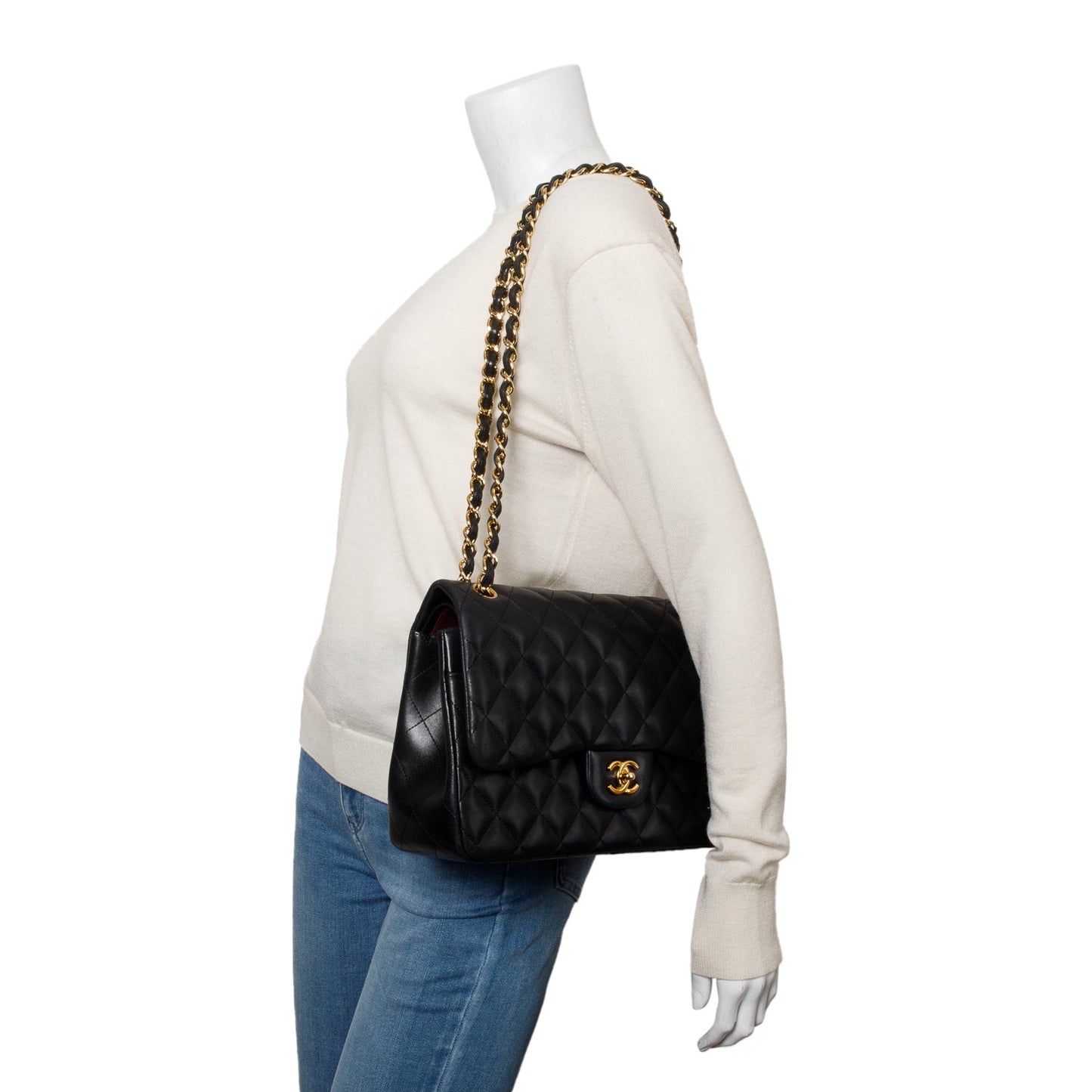 Chanel Black Quilted Lambskin Leather Classic Jumbo Double Flap Bag