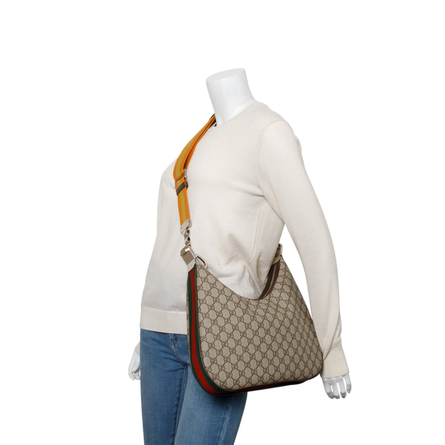 Gucci Beige/Navy GG Supreme Web Attache Medium Hobo Bag