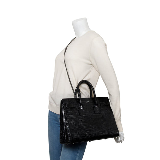 Saint Laurent Black Crocodile Embossed Calfskin Leather Small Sac De Jour