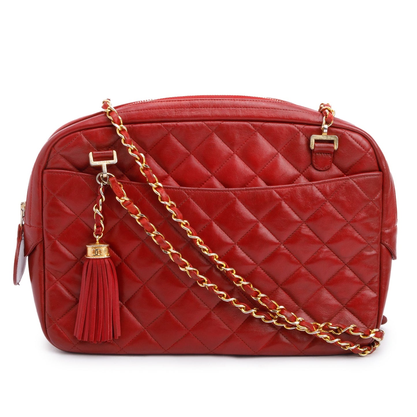 Chanel Vintage Red Quilted Lambskin Leather Tassel Camera Bag