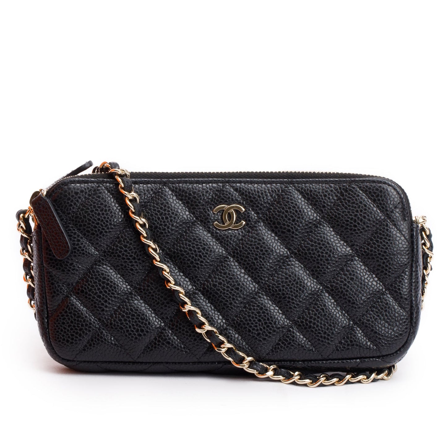 Chanel Black Quilted Caviar Leather Classic Double Zip Wallet on Chain