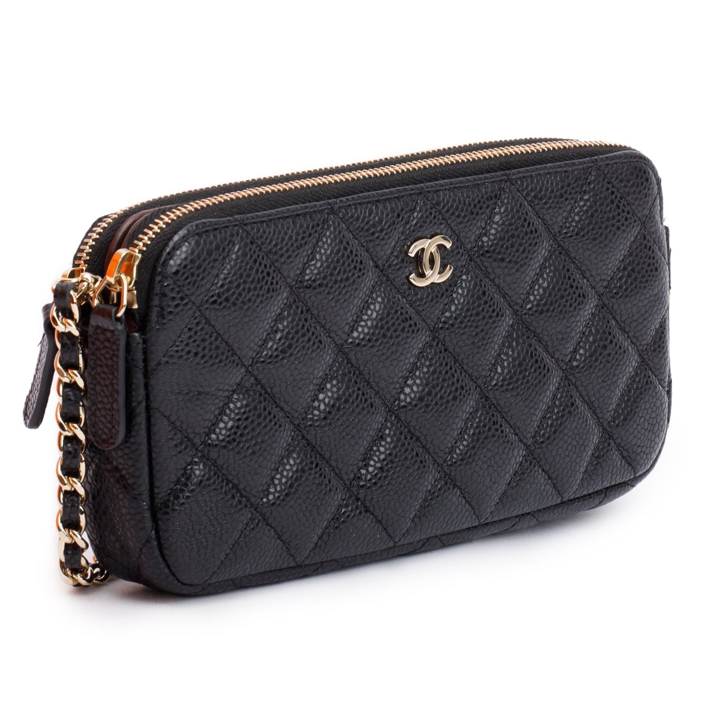 Chanel Black Quilted Caviar Leather Classic Double Zip Wallet on Chain