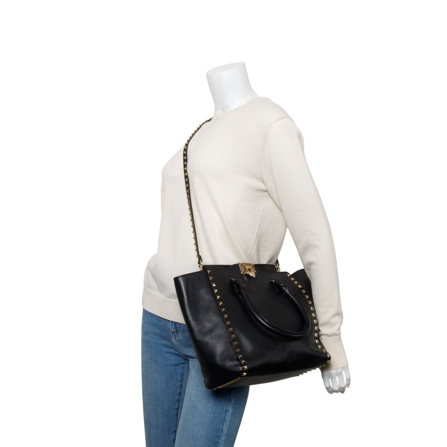 Valentino Black Calfskin Leather Medium Rockstud Tote Bag
