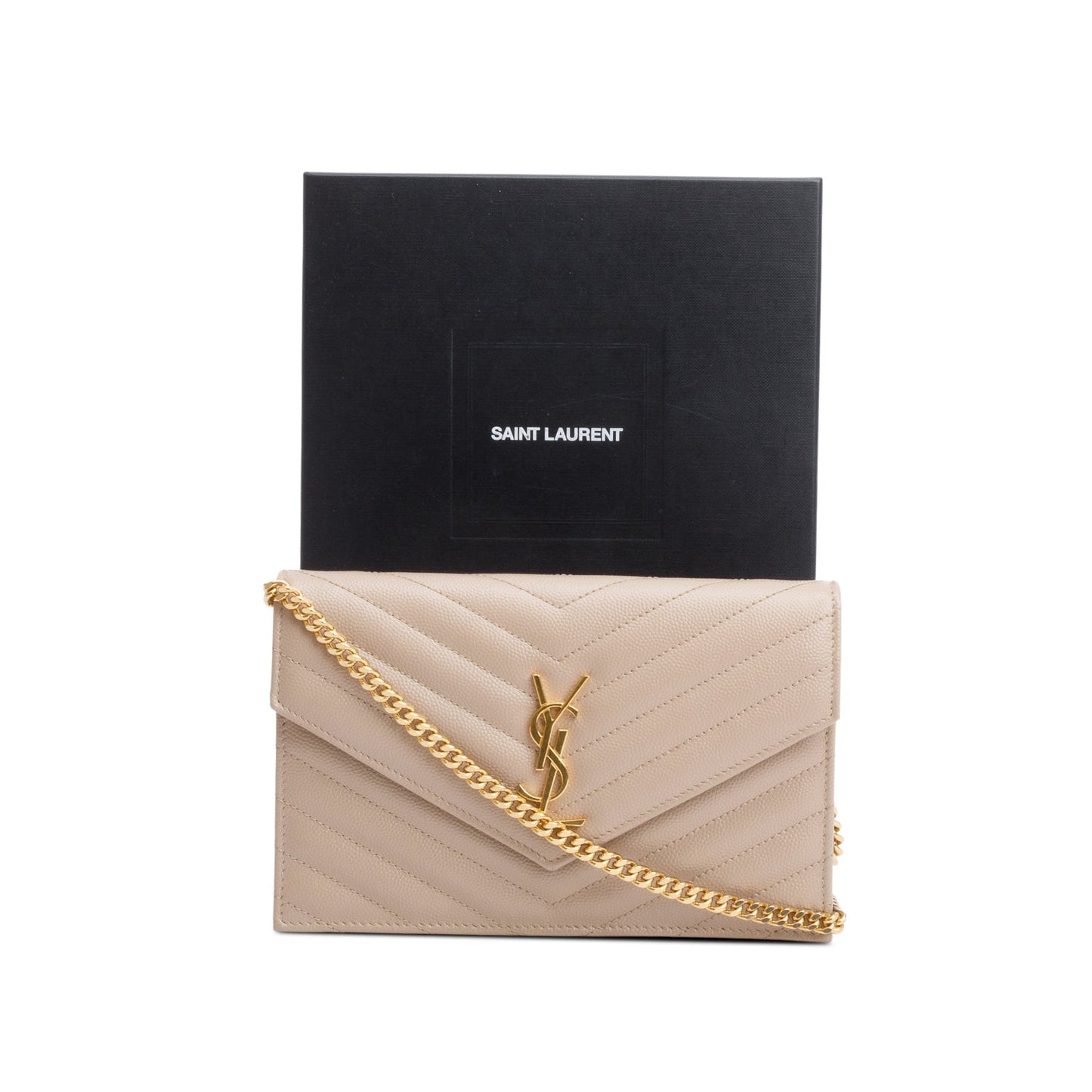 Saint Laurent 2022 Beige Cassandre Matelasse Envelope Chain Wallet