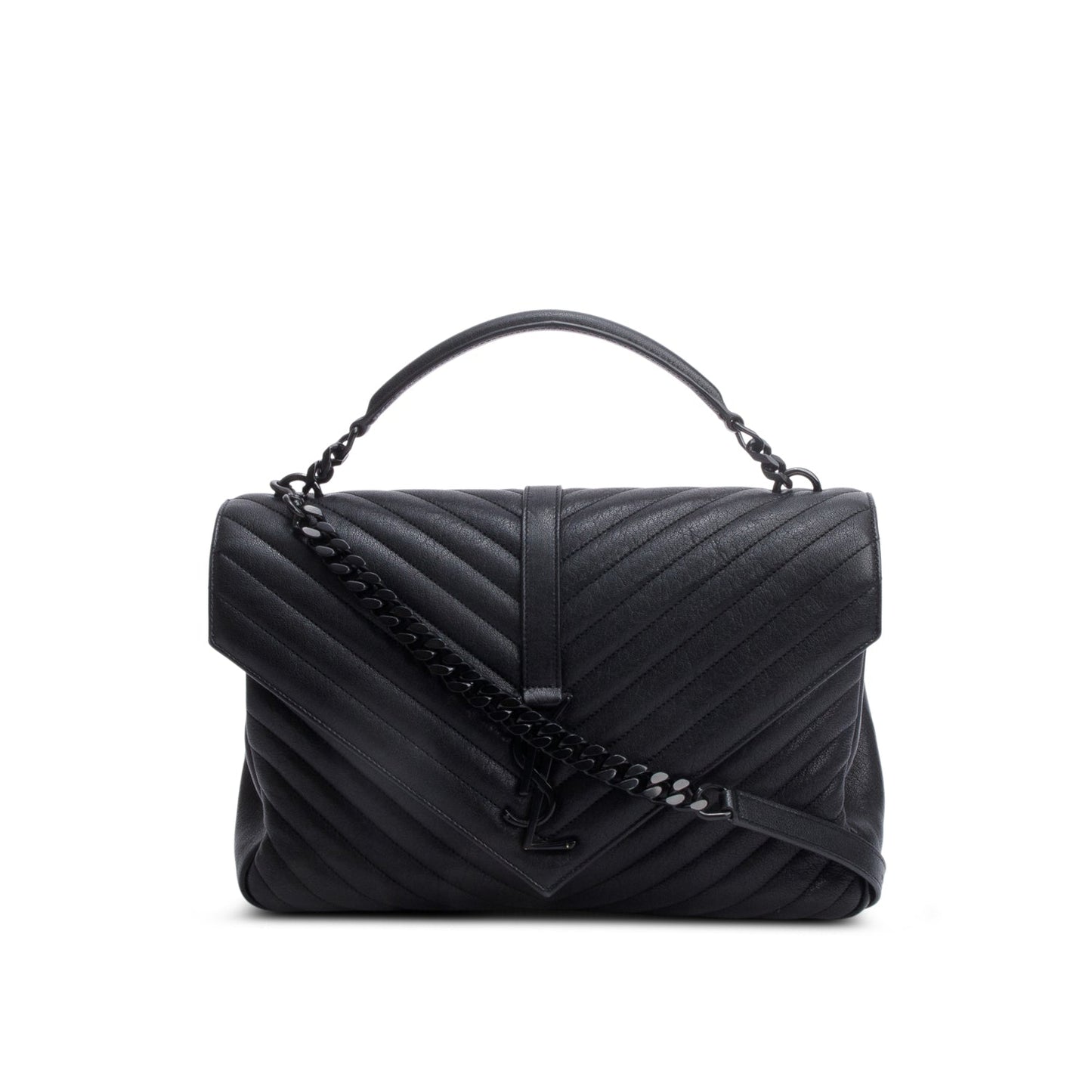 Saint Laurent Black Leather Large Chevron College Bag