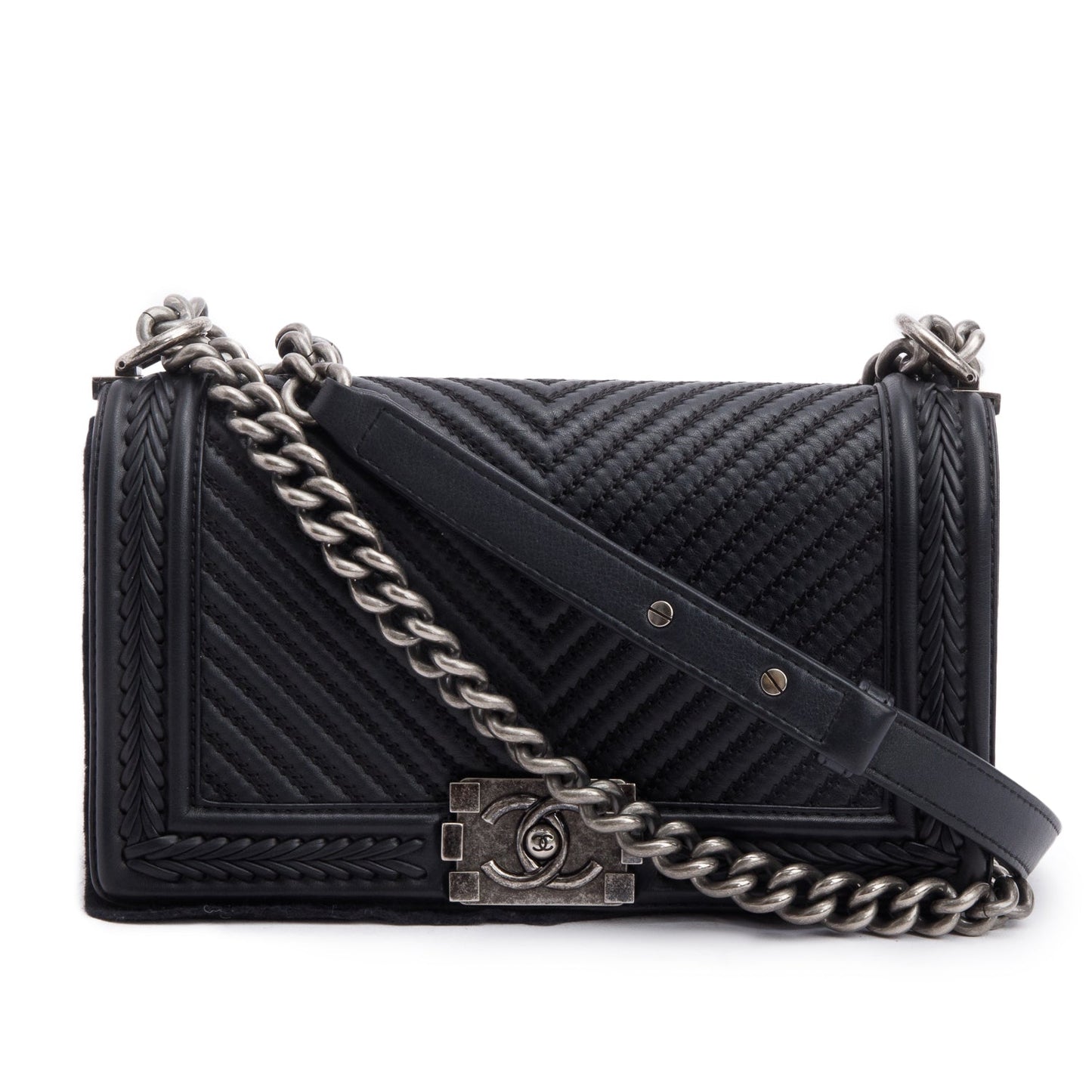Chanel Black Chevron Quilted Calfskin Leather Whipstitch Medium Boy Bag