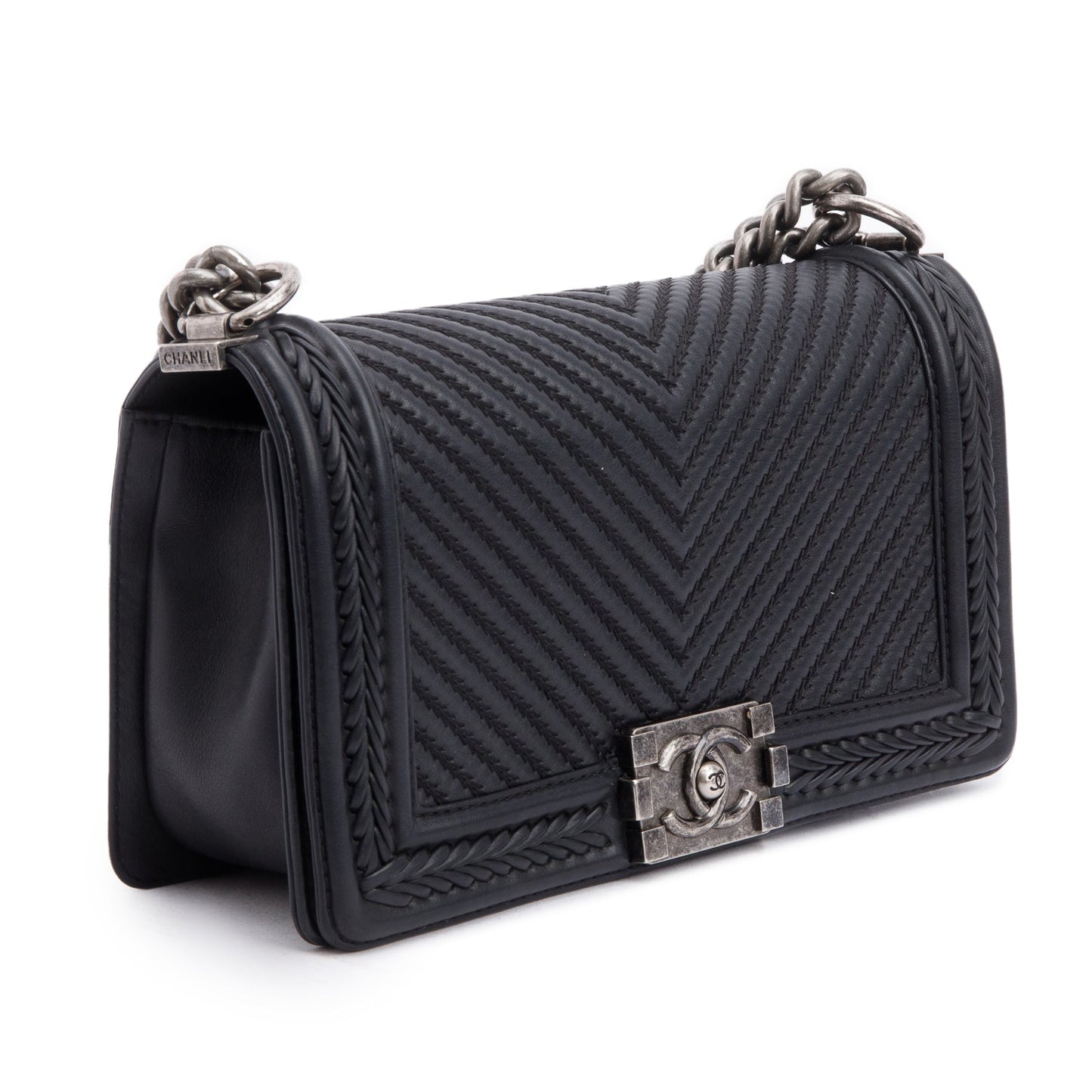 Chanel Black Chevron Quilted Calfskin Leather Whipstitch Medium Boy Bag