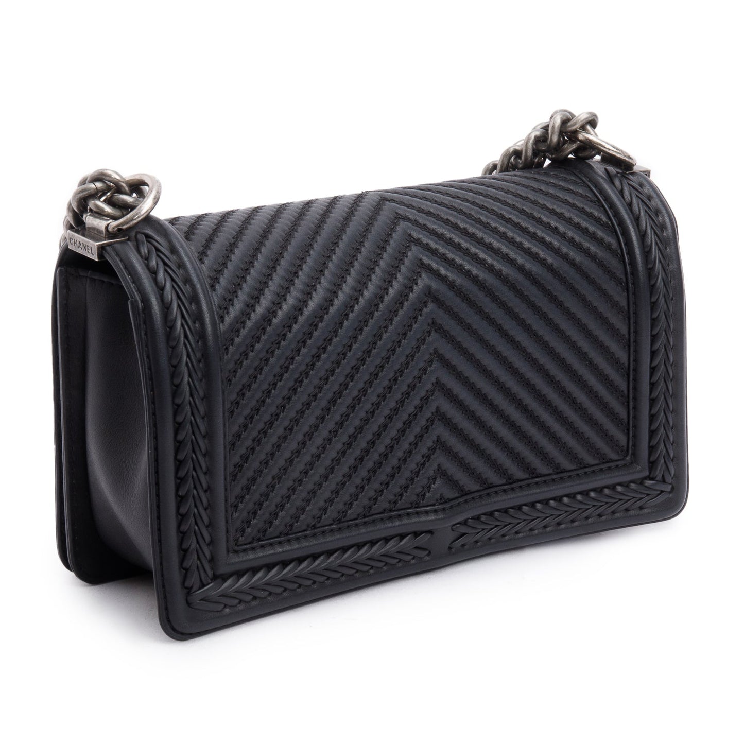 Chanel Black Chevron Quilted Calfskin Leather Whipstitch Medium Boy Bag