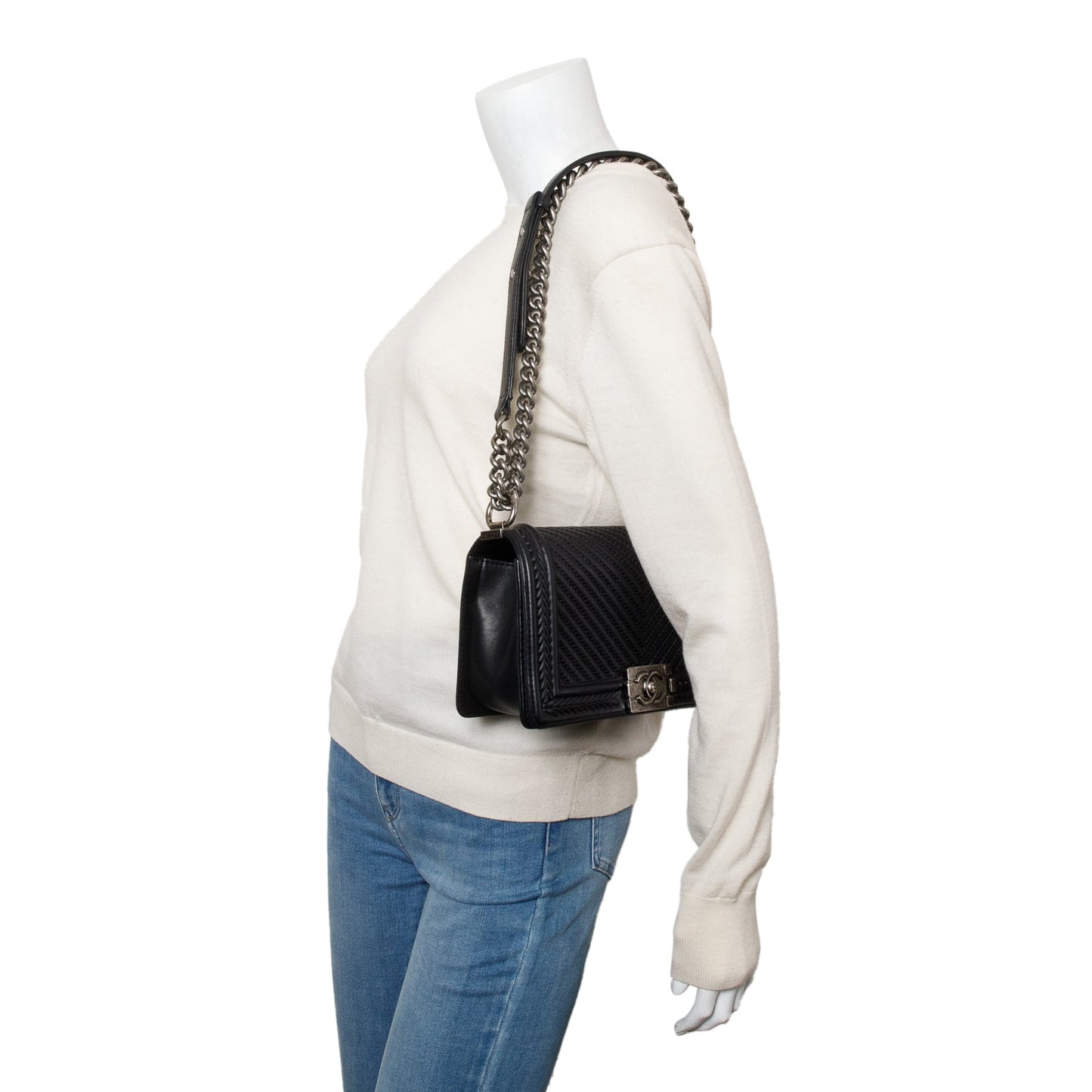 Chanel Black Chevron Quilted Calfskin Leather Whipstitch Medium Boy Bag