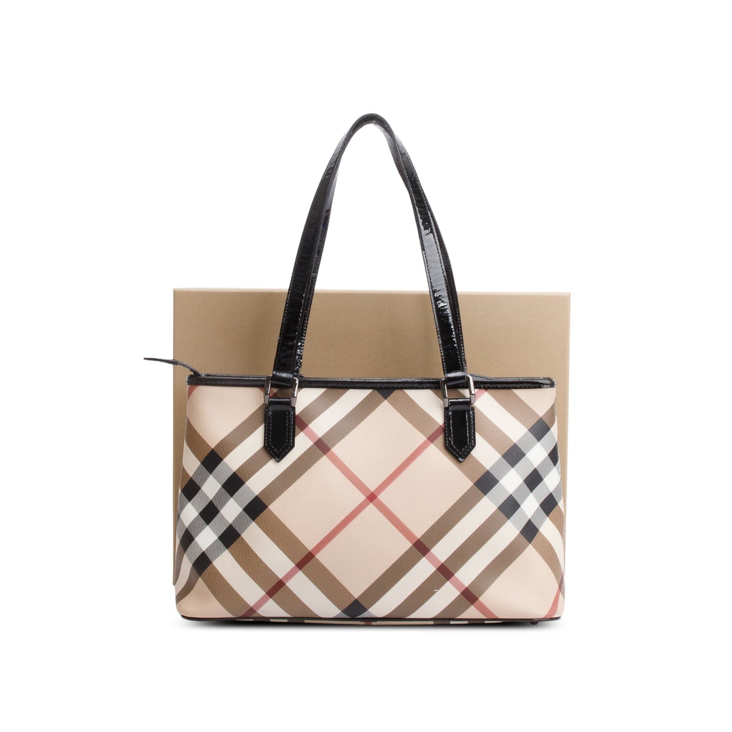 Burberry Super Nova Check Black Patent Leather Trim Small Tote