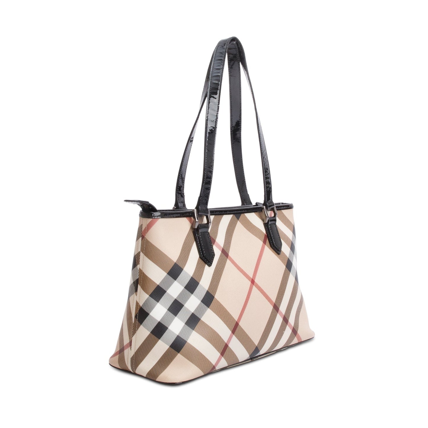 Burberry Super Nova Check Black Patent Leather Trim Small Tote