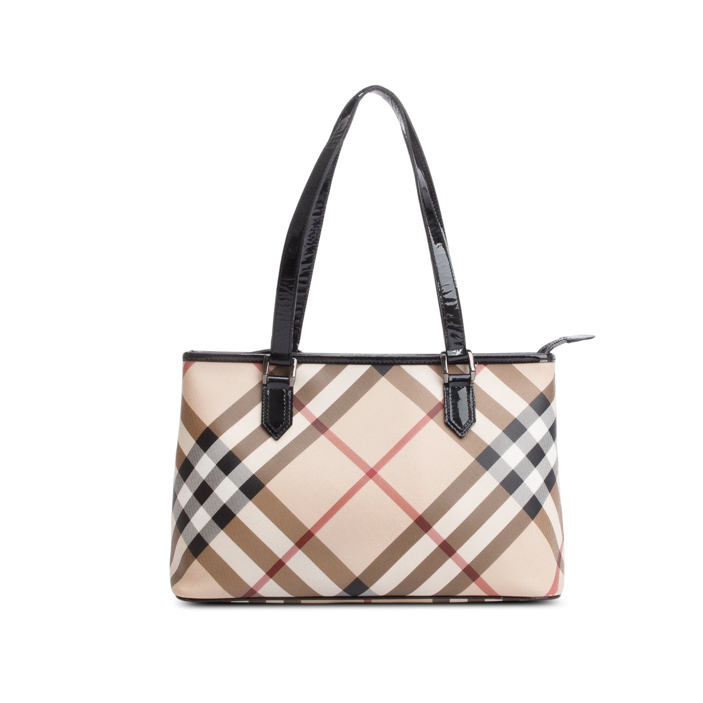 Burberry Super Nova Check Black Patent Leather Trim Small Tote