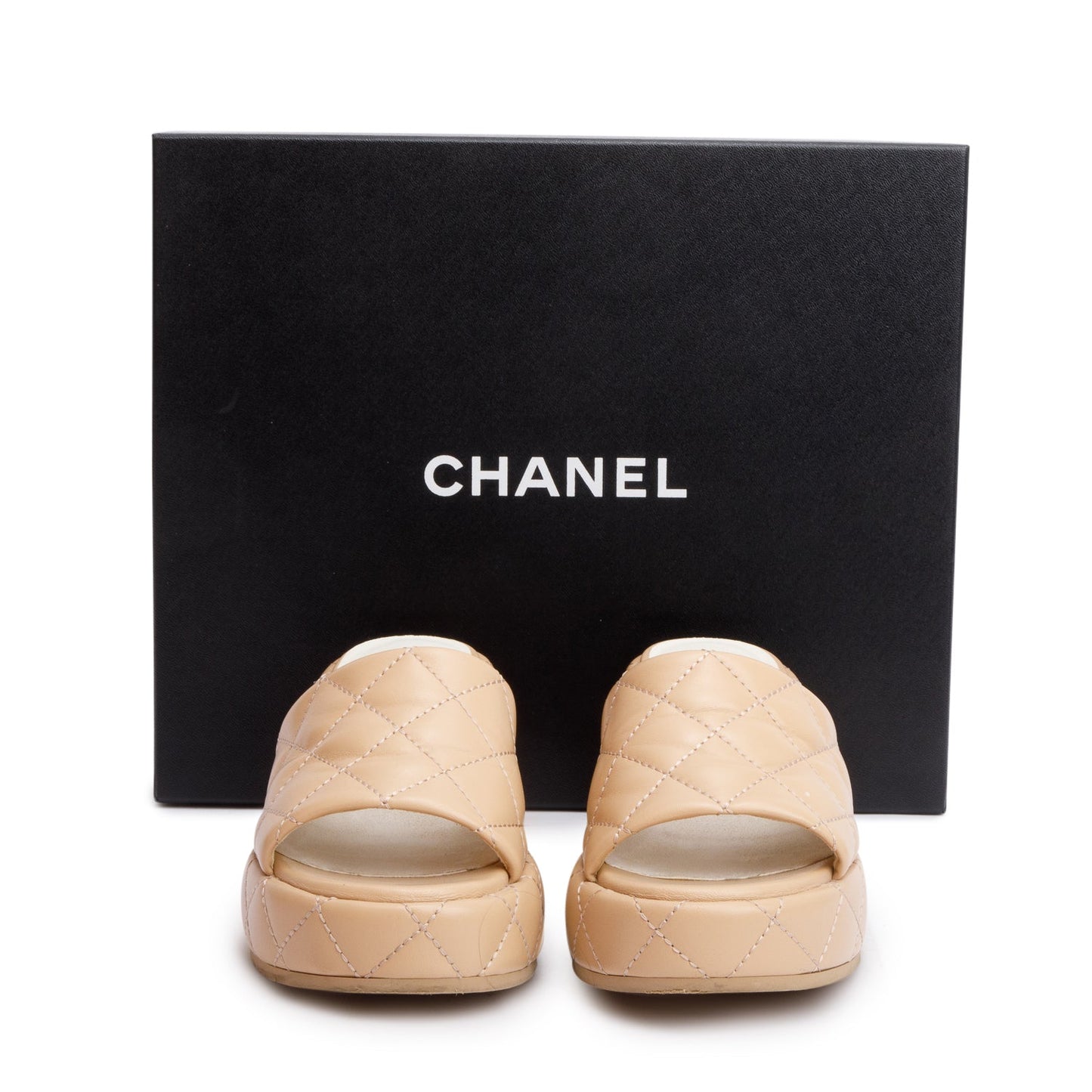 Chanel Beige Quilted Lambskin Leather Camellia CC Wedge Slide Sandals, Size36
