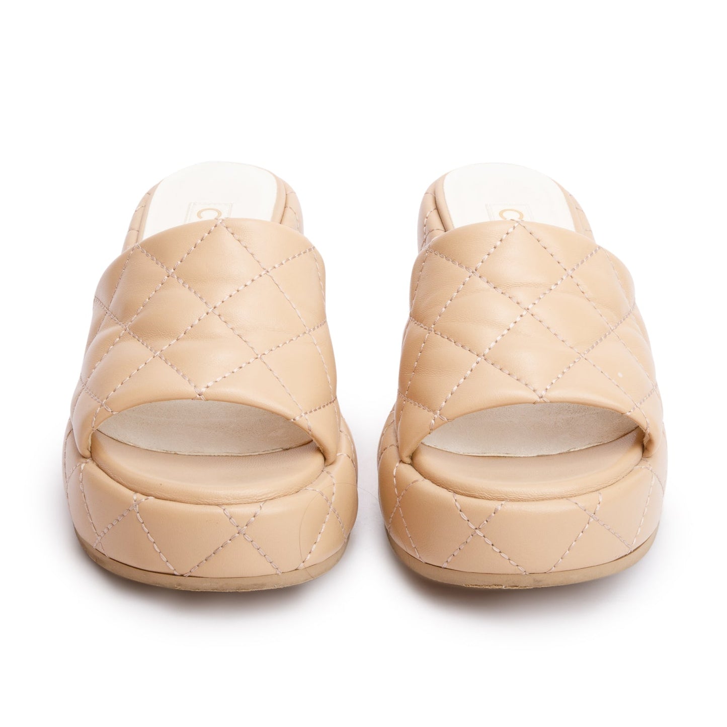 Chanel Beige Quilted Lambskin Leather Camellia CC Wedge Slide Sandals, Size36