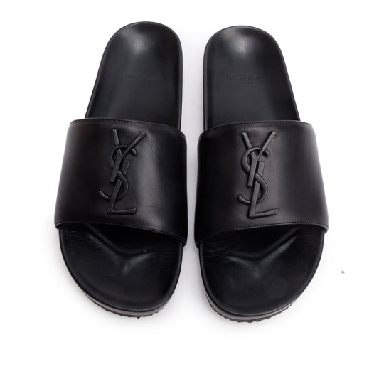 Saint Laurent Black Leather Joan Slide Sandals, Size 38.5