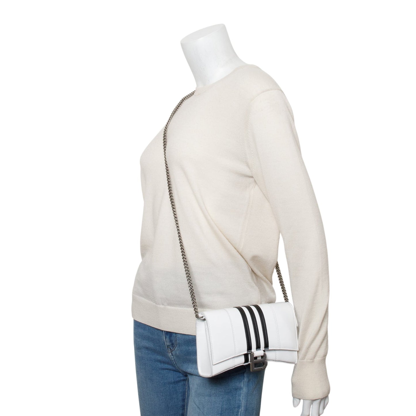 Balenciaga x Adidas White/Black Striped Leather Hourglass Chain Wallet