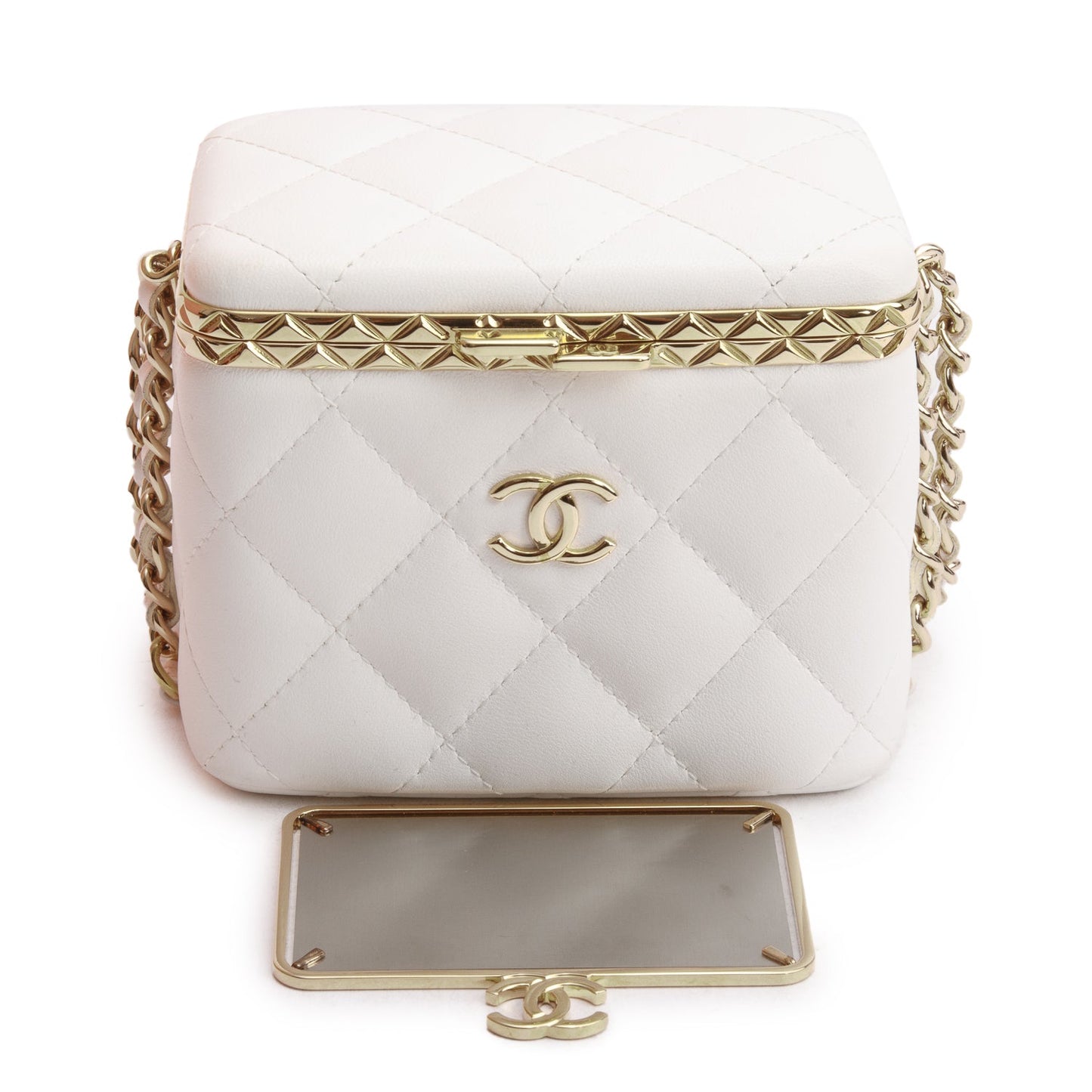 Chanel 2022 White Quilted Lambskin Leather Small Lock Frame Chain Vanity Case