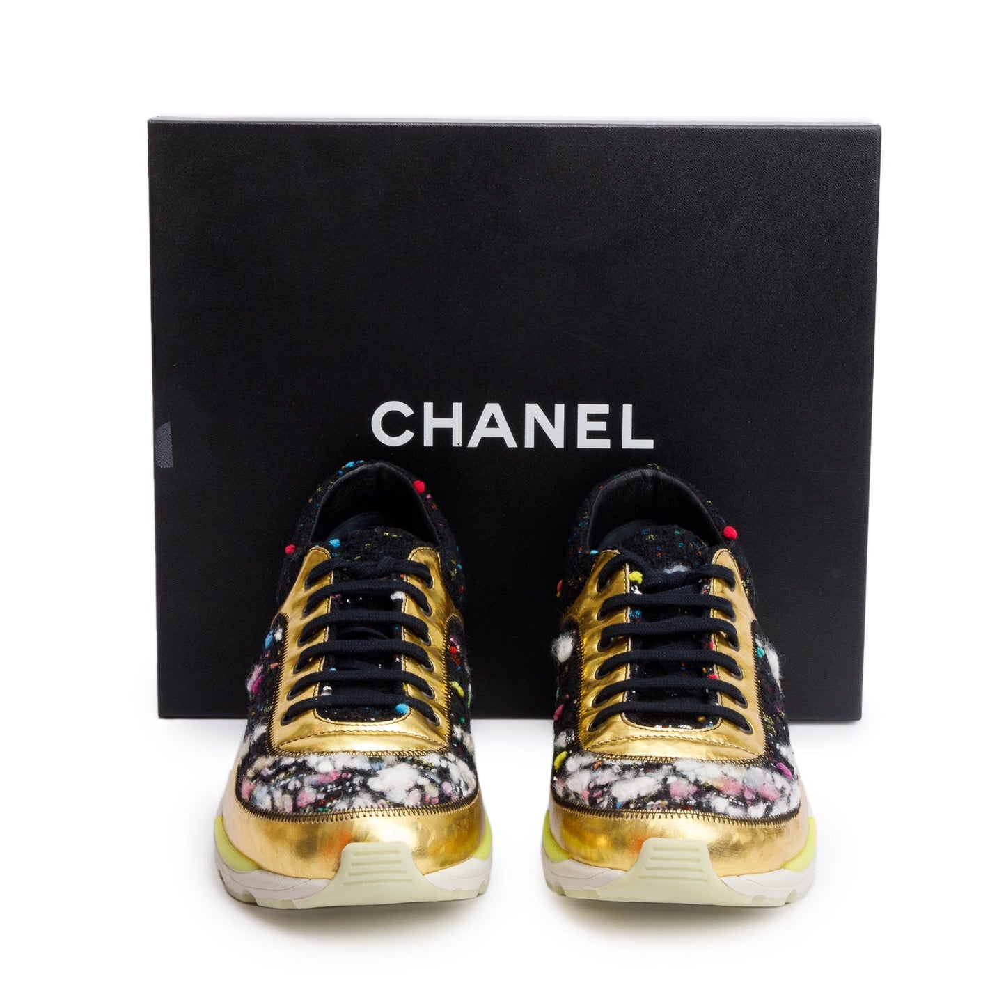 Chanel Gold/Black Trim Tweed Interlocking CC Logo Sneakers, Size 39