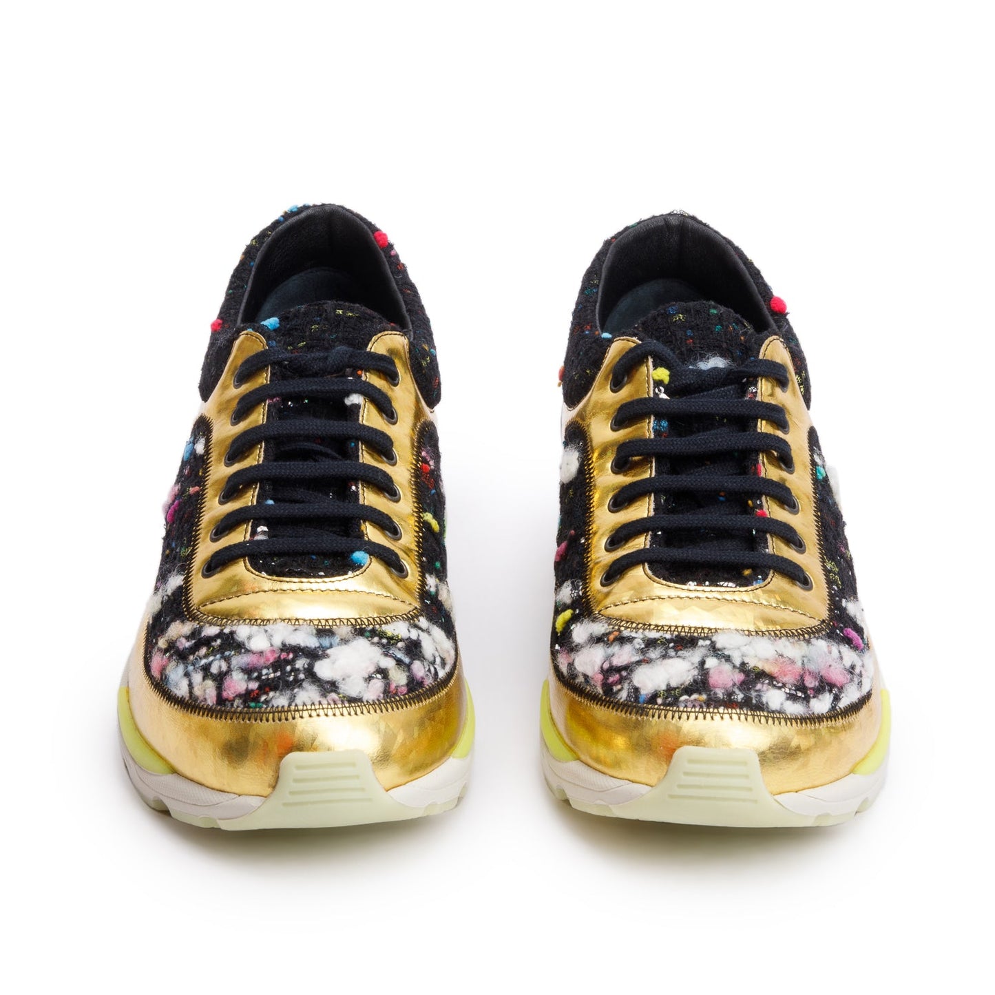 Chanel Gold/Black Trim Tweed Interlocking CC Logo Sneakers, Size 39