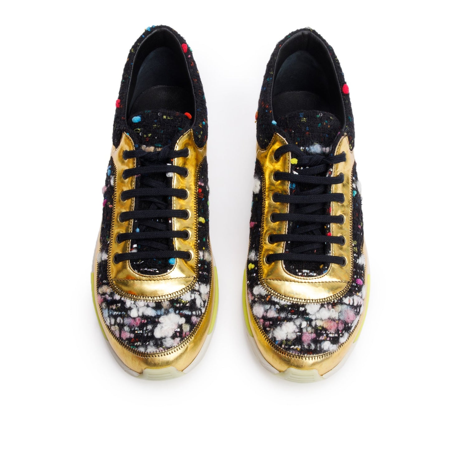 Chanel Gold/Black Trim Tweed Interlocking CC Logo Sneakers, Size 39