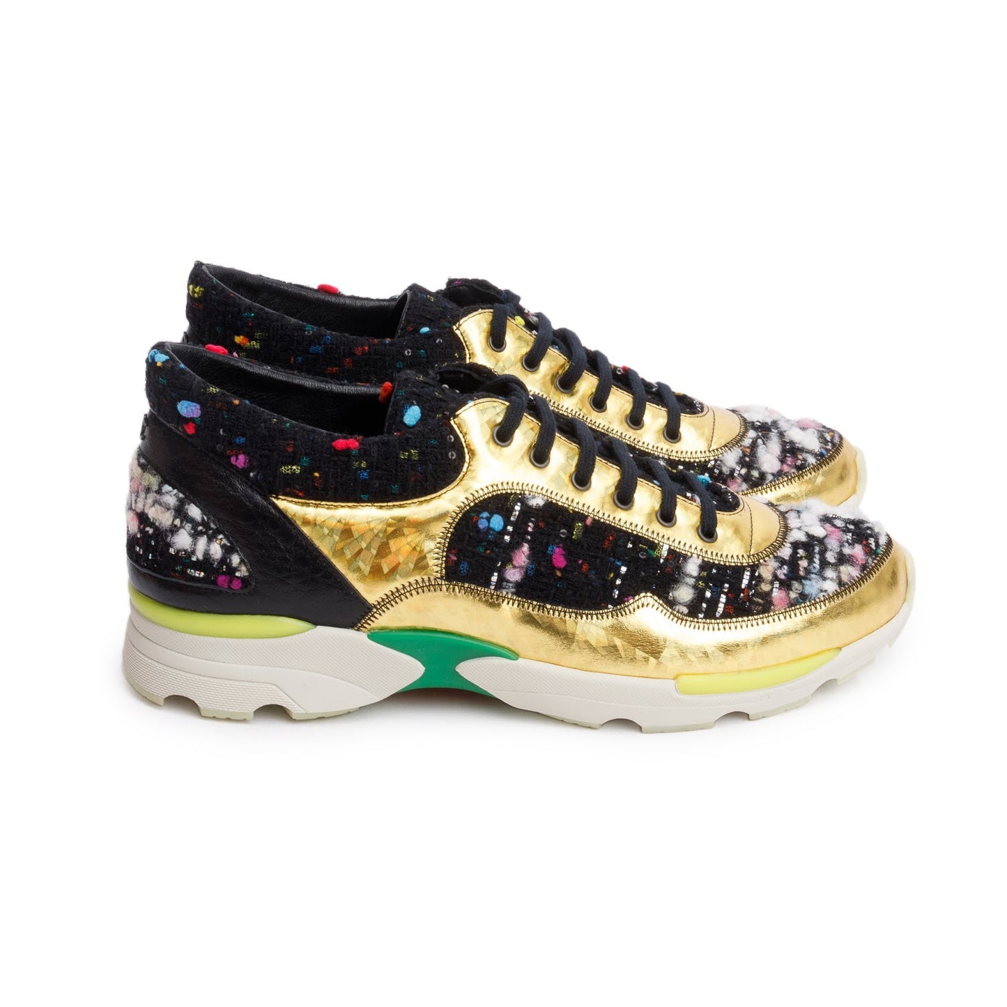 Chanel Gold/Black Trim Tweed Interlocking CC Logo Sneakers, Size 39