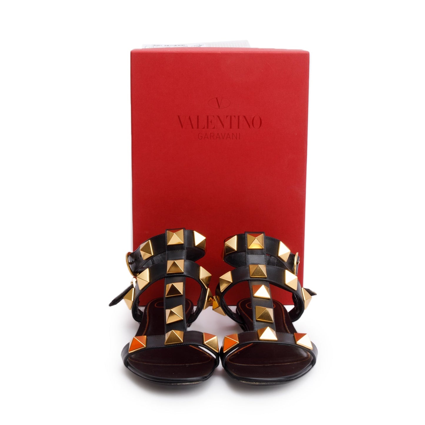 Valentino Black Leather Roman Stud Flat Slingback Sandals, Size 39