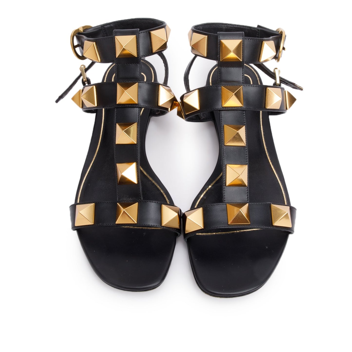 Valentino Black Leather Roman Stud Flat Slingback Sandals, Size 39