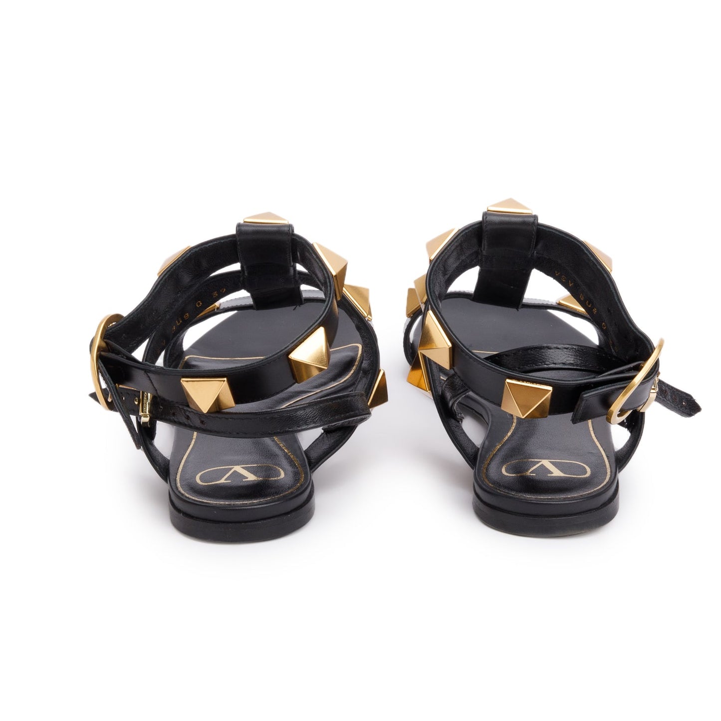 Valentino Black Leather Roman Stud Flat Slingback Sandals, Size 39
