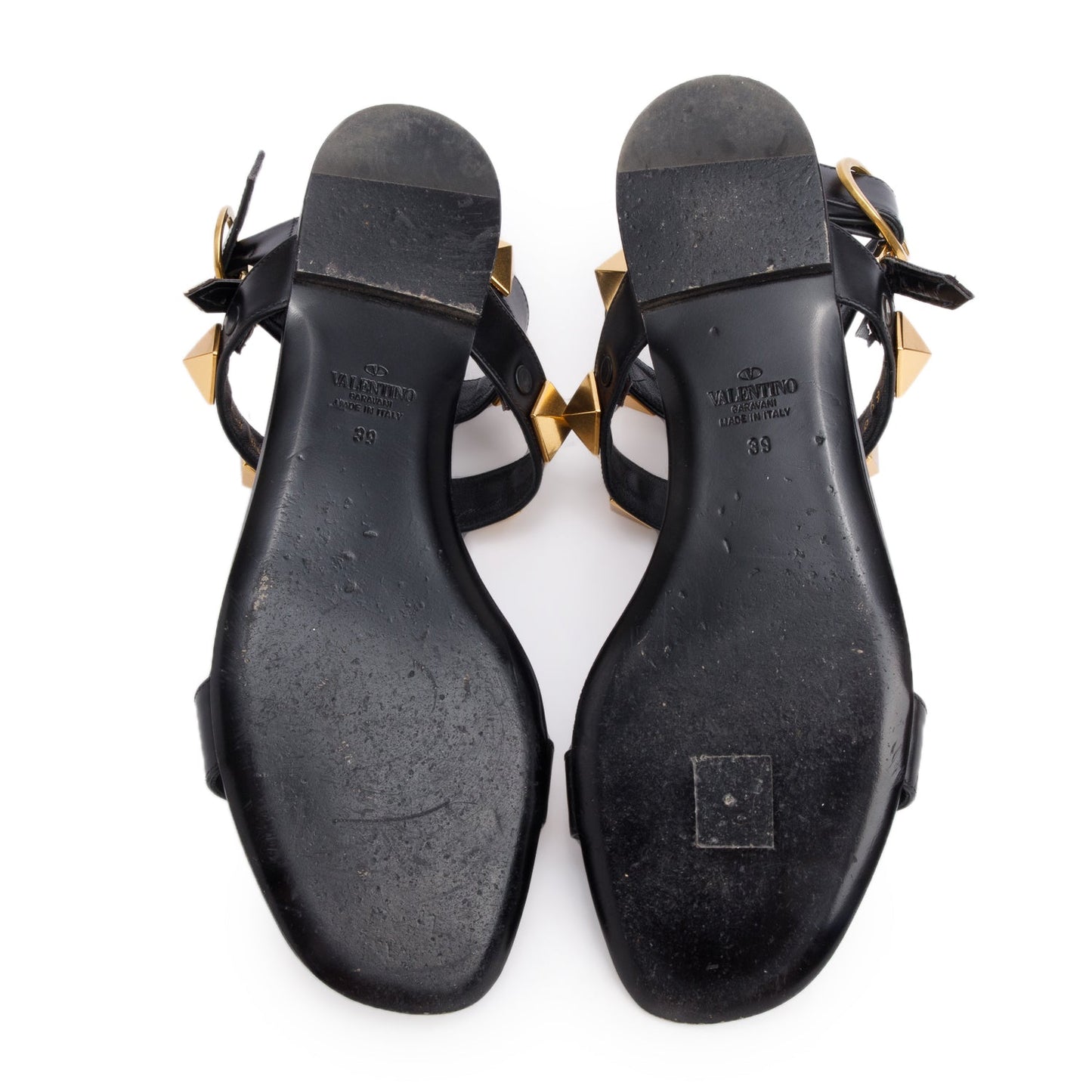 Valentino Black Leather Roman Stud Flat Slingback Sandals, Size 39
