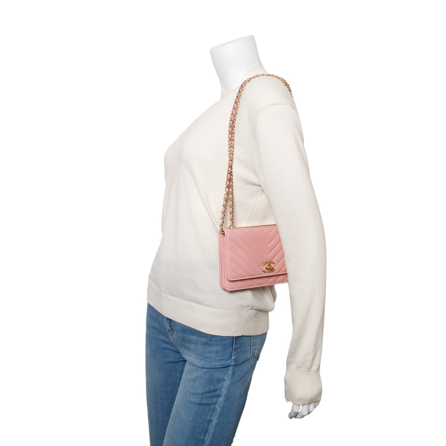 Chanel Pink Chevron Quilted Lambskin Leather Trendy Wallet on Chain