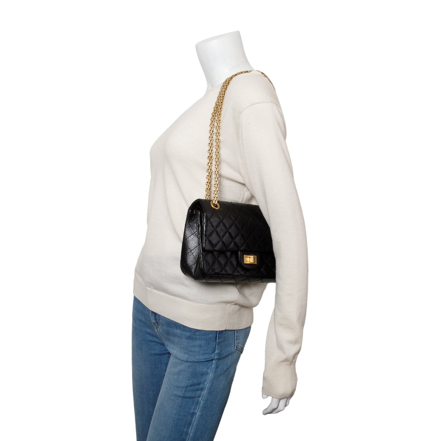 Chanel Black Aged Calfskin Leather 2.55 Reissue 225 Double Flap Bag
