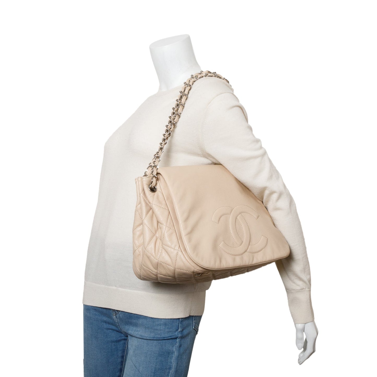 Chanel White Caviar Leather CC Timeless Accordion Flap Bag