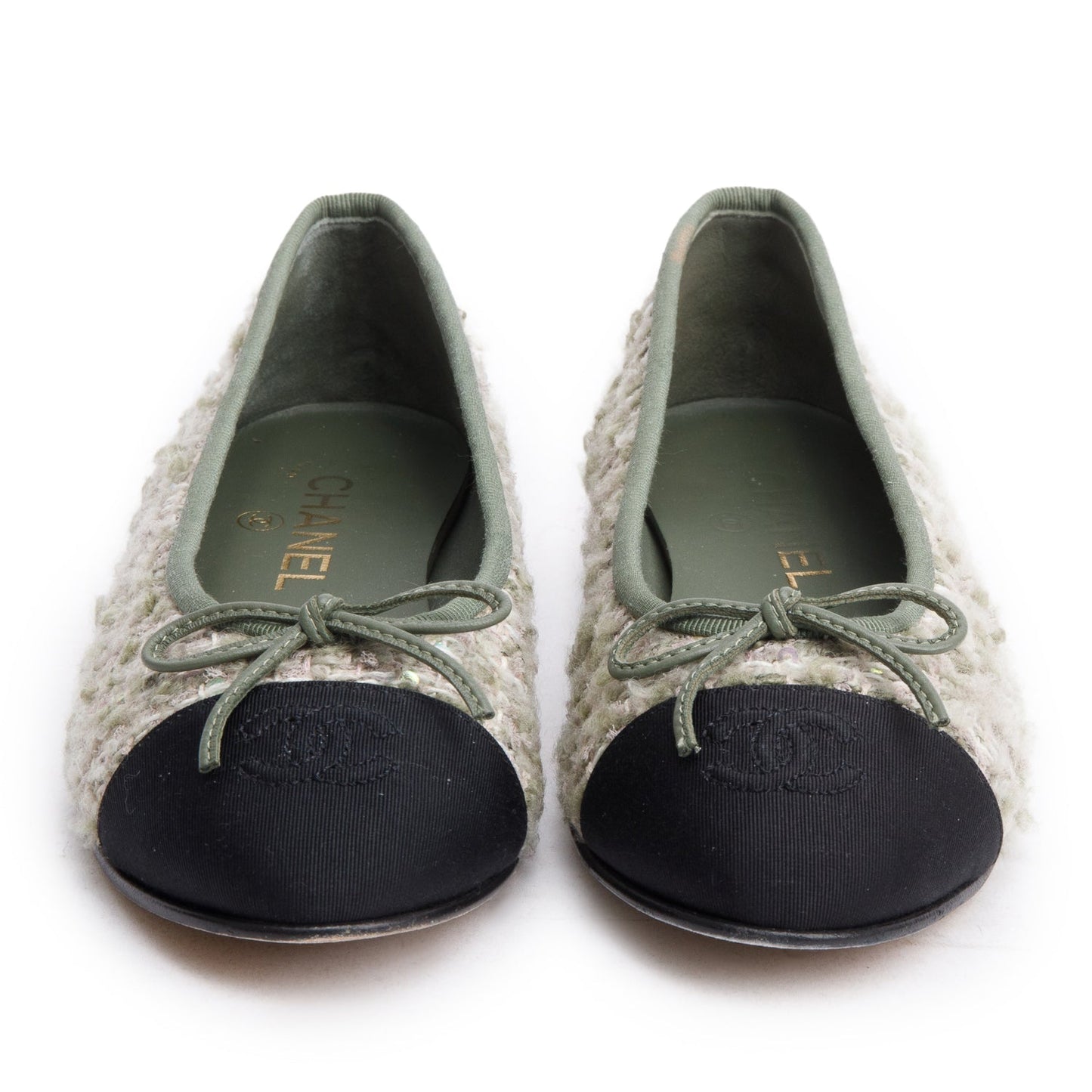 Chanel Black Satin Green Multicolor Tweed Interlocking CC Logo Bow Flats, Size 37