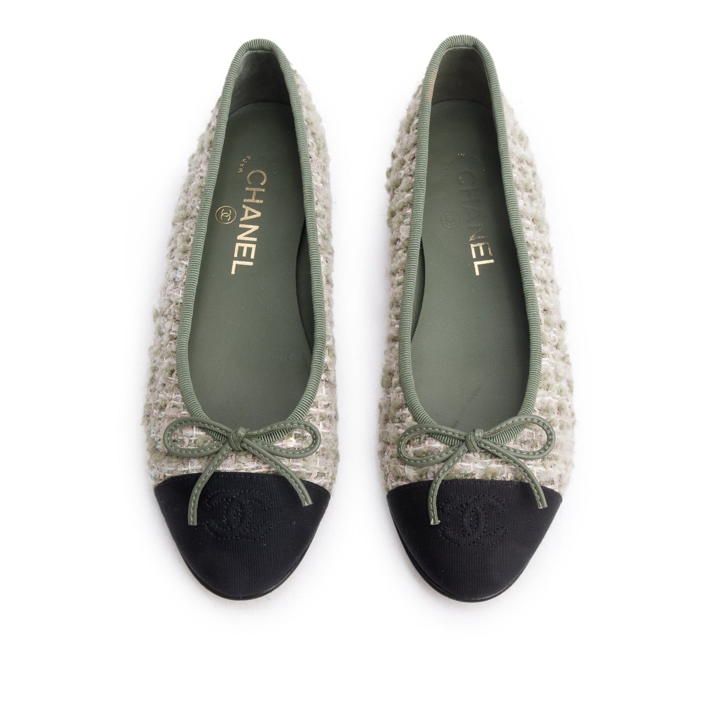 Chanel Black Satin Green Multicolor Tweed Interlocking CC Logo Bow Flats, Size 37