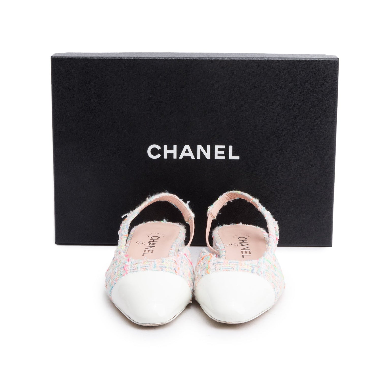 Chanel Pink Tweed White Patent Leather Cap Toe CC Slingback Flats, Size 37