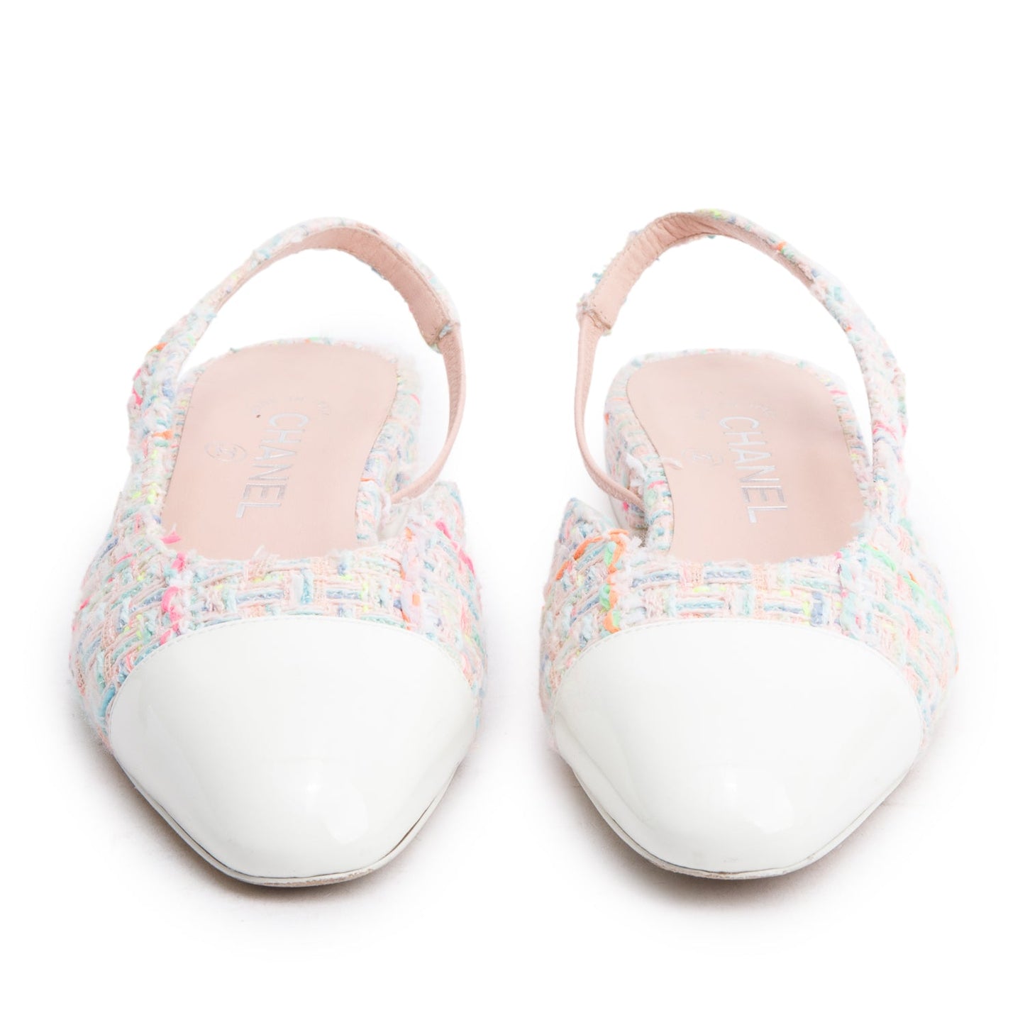 Chanel Pink Tweed White Patent Leather Cap Toe CC Slingback Flats, Size 37