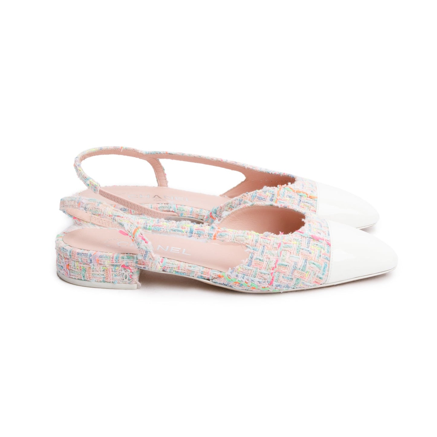 Chanel Pink Tweed White Patent Leather Cap Toe CC Slingback Flats, Size 37
