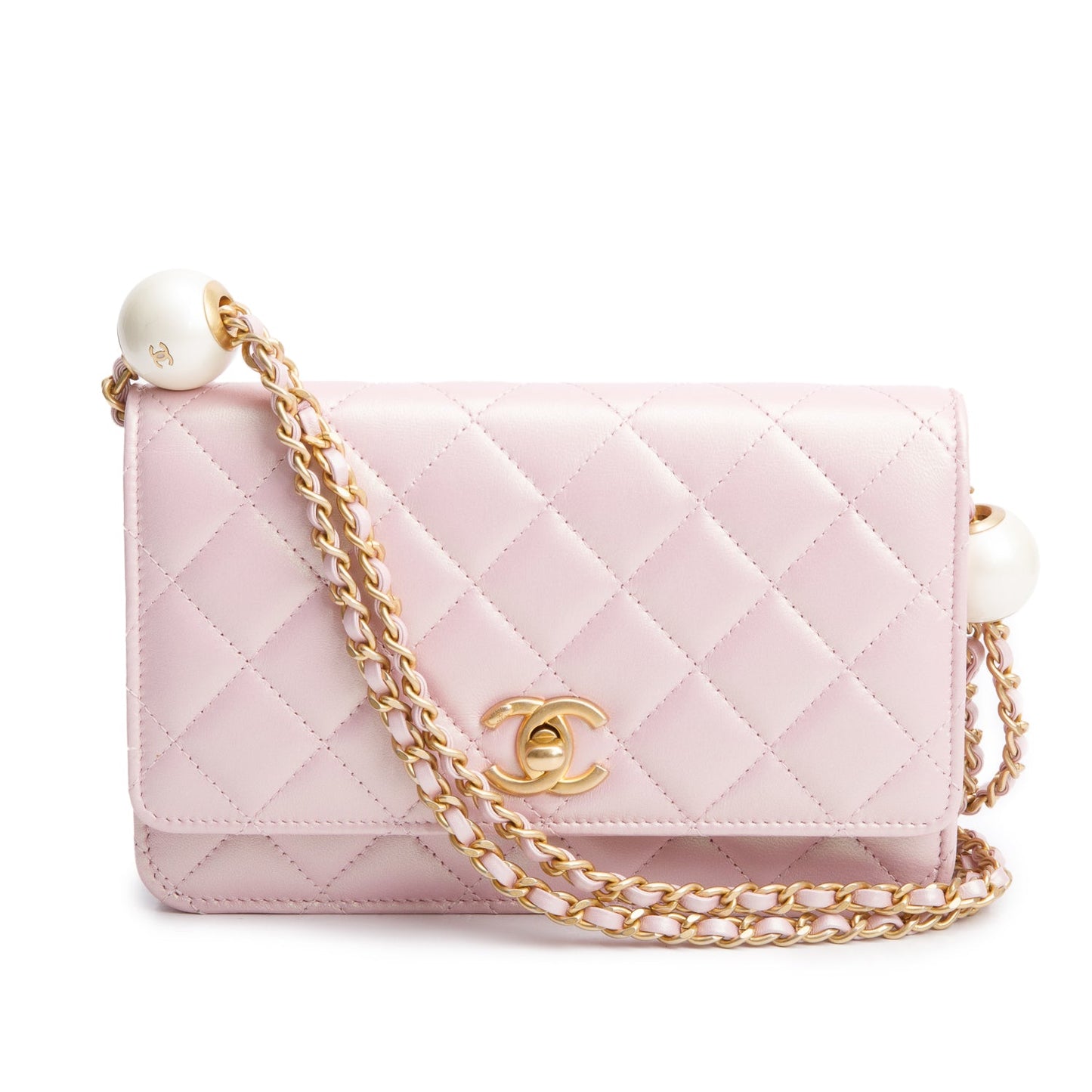 Chanel Pink Iridescent Quilted Lambskin Leather CC Pearl Crush Classic Wallet on Chain
