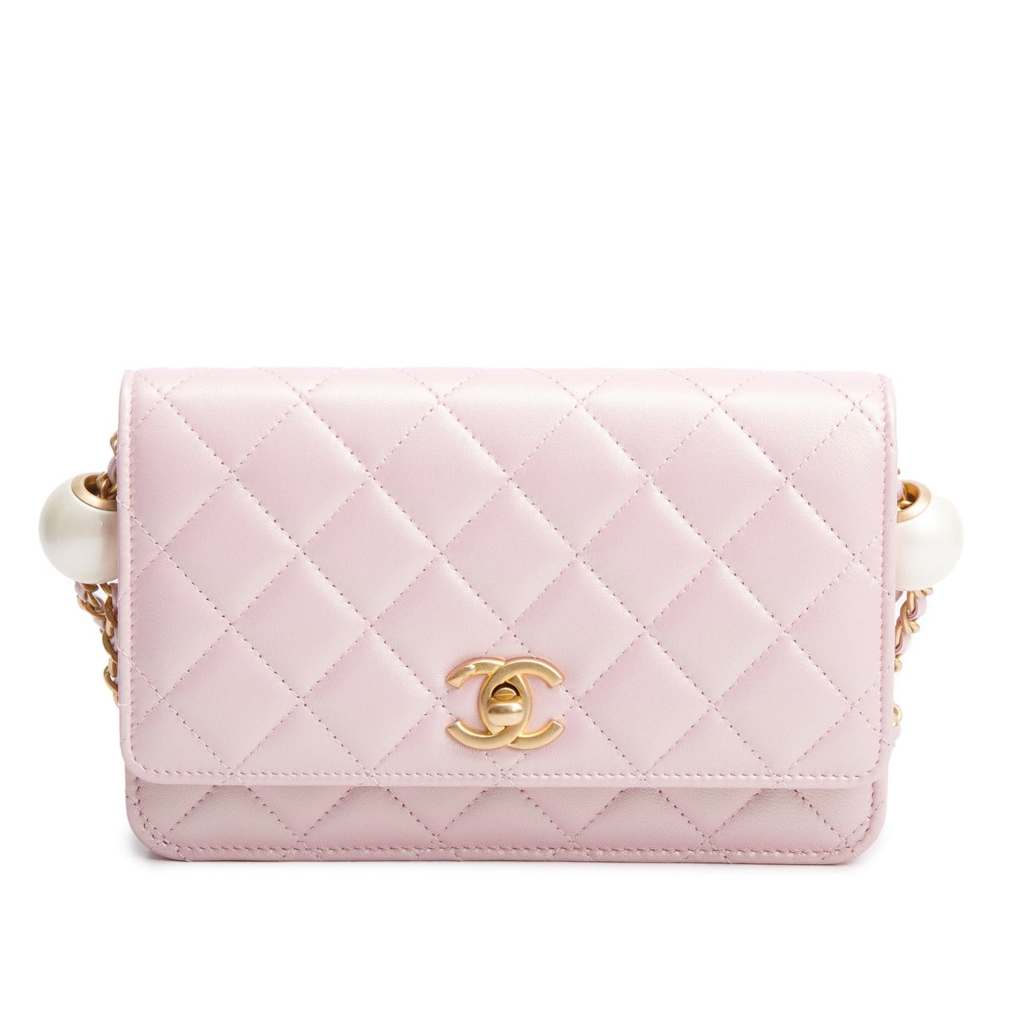 Chanel Pink Iridescent Quilted Lambskin Leather CC Pearl Crush Classic Wallet on Chain