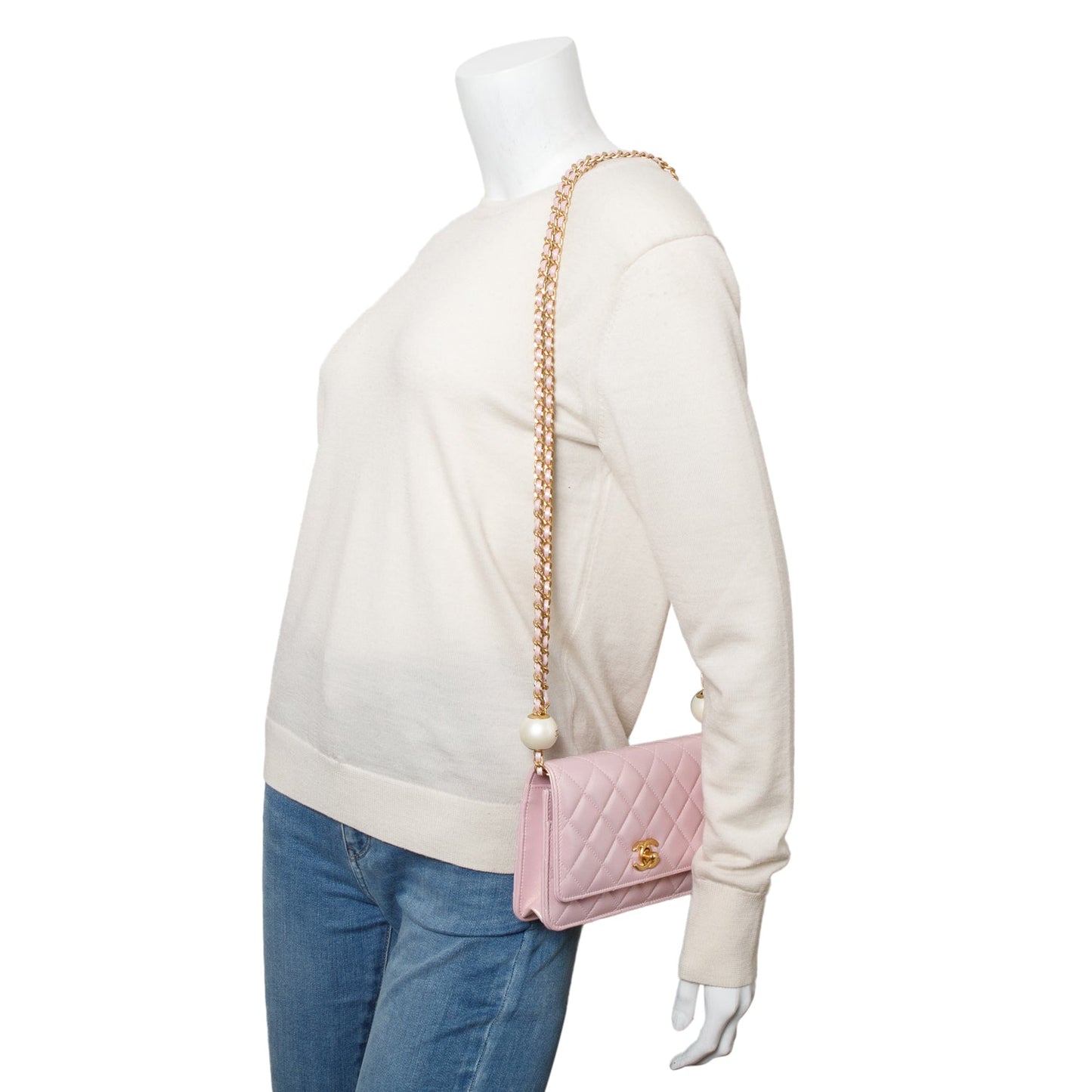 Chanel Pink Iridescent Quilted Lambskin Leather CC Pearl Crush Classic Wallet on Chain
