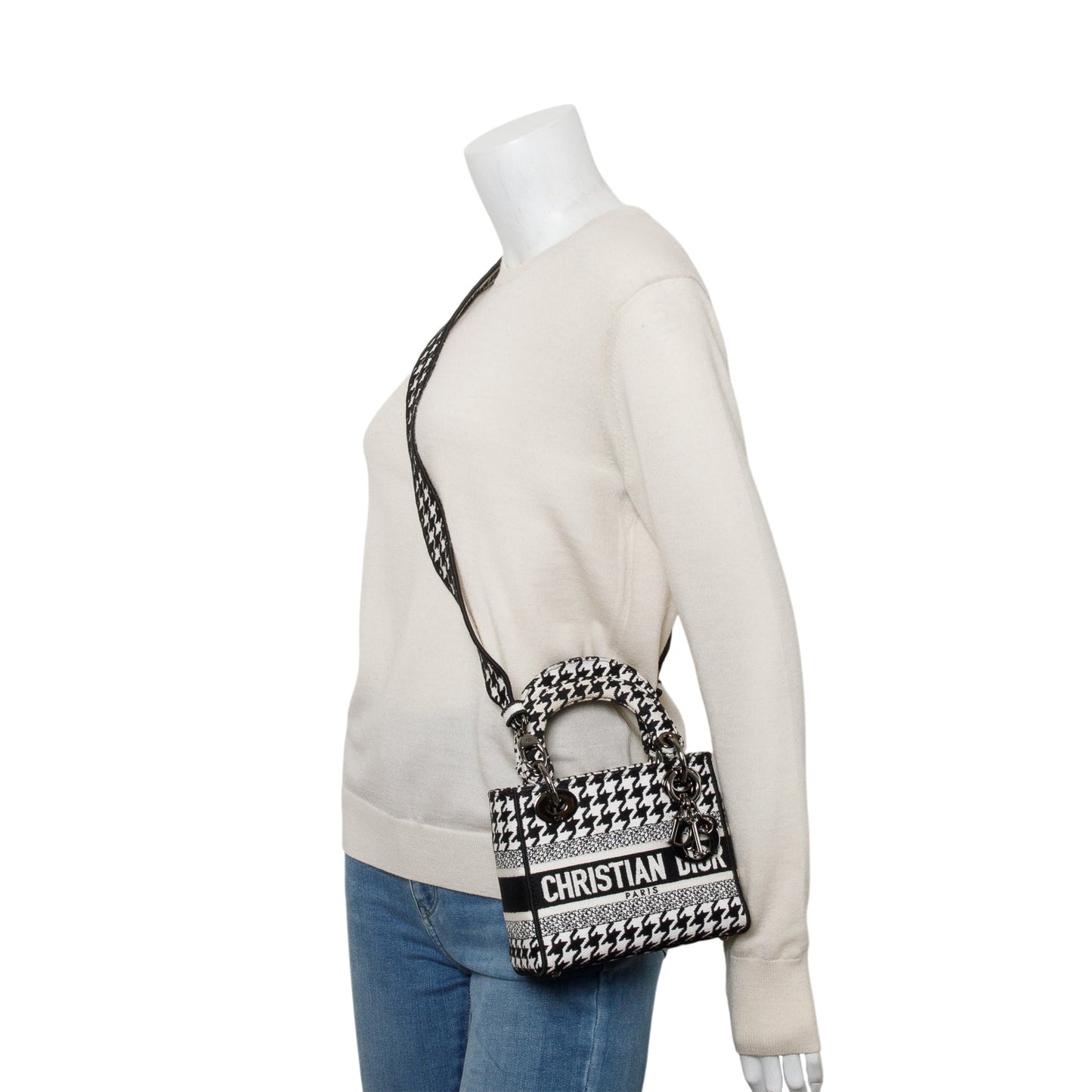 Christian Dior 2022 Black/White Houndstooth Canvas Mini Lady D-Lite Bag