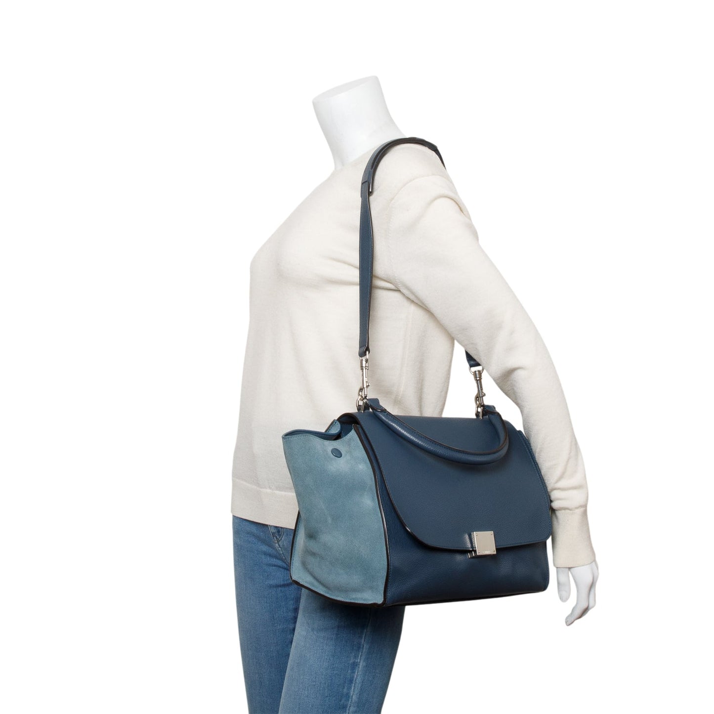Celine Blue Calfskin Leather Suede Trim Medium Trapeze Bag