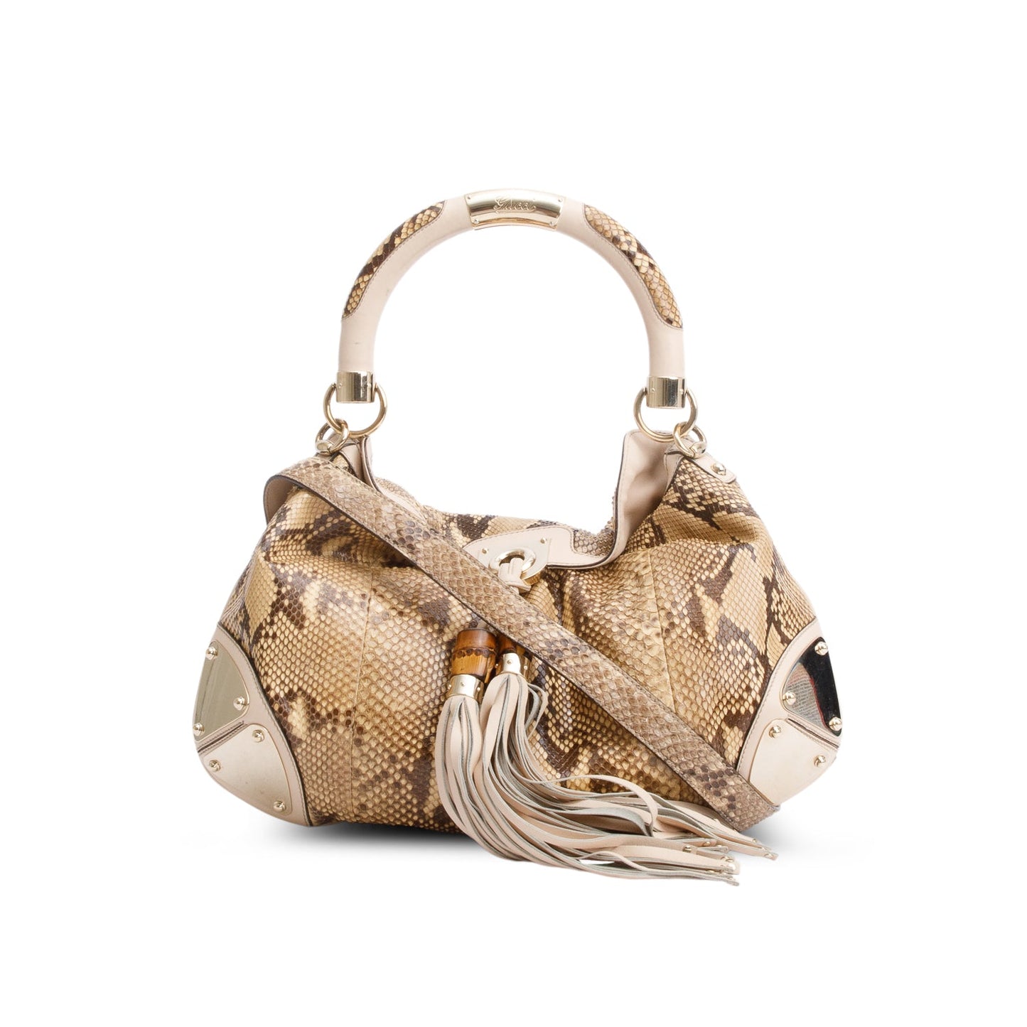 Gucci Beige Leather Trim Python Medium Indy Babouska Hobo